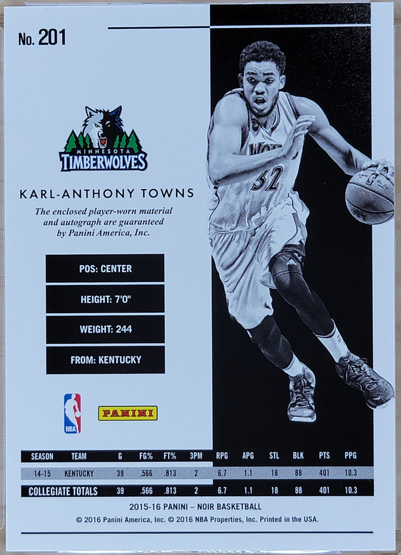 2015-16 Panini Noir Karl-Anthony Towns #201 Rookie RC Jersey Patch Auto RPA /99-2