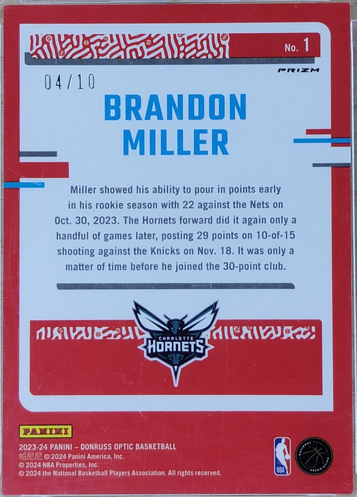 2023-24 Panini Donruss Optic The Rookies Brandon Miller Gold Prizm /10 #1