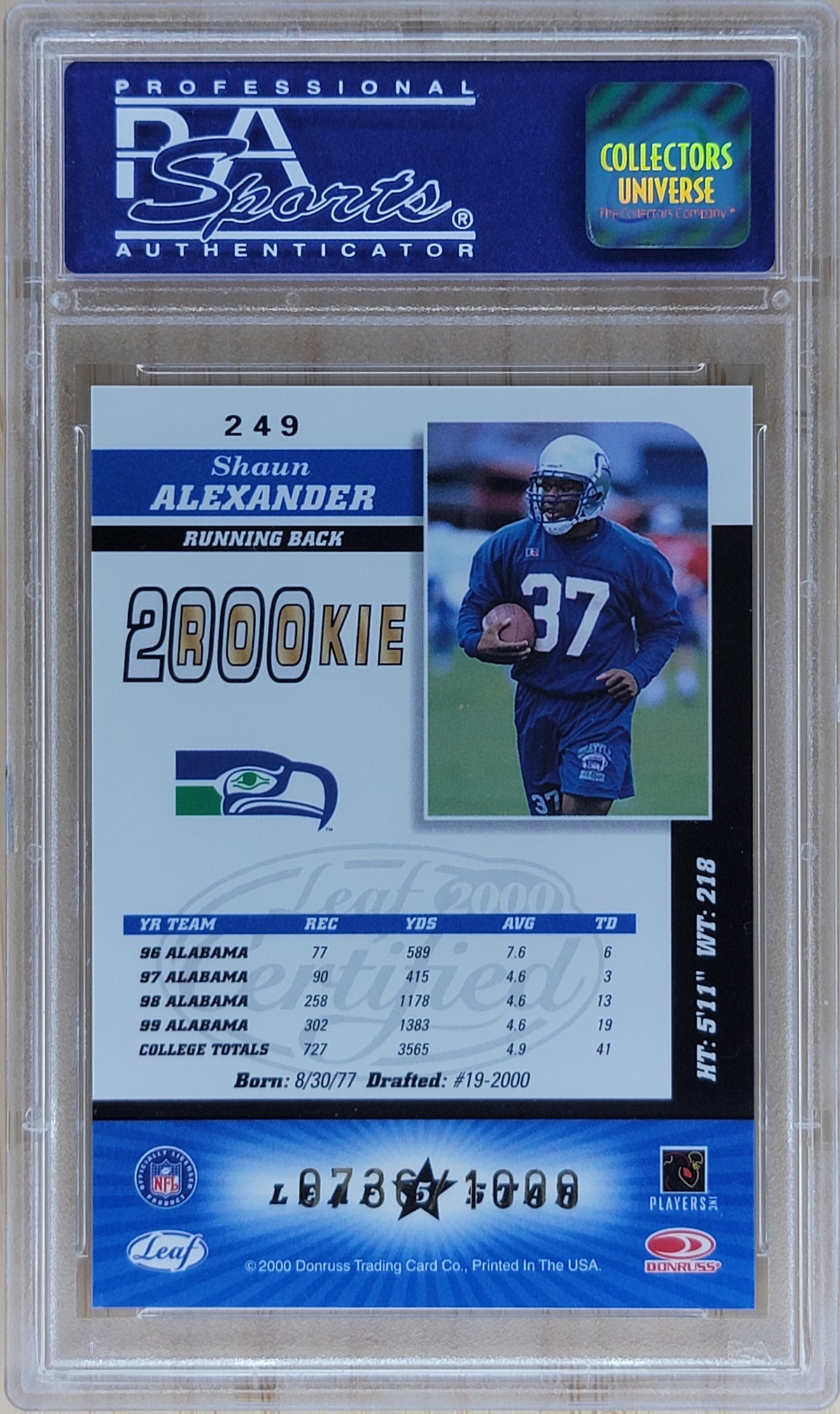 2000 Leaf Certified Shaun Alexander 5 Star /1000 #249 PSA 9-2