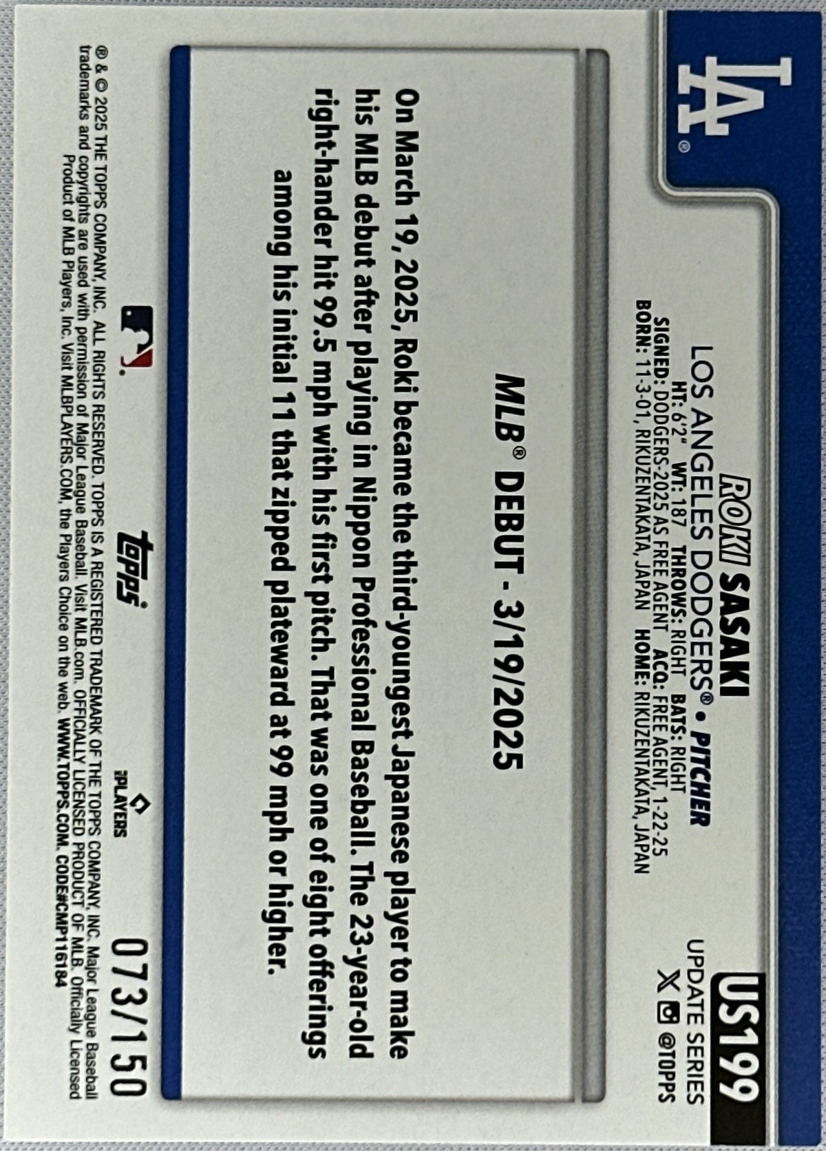 2025 Topps Roki Sasaki Blue Rookie RC /150 #US199-2