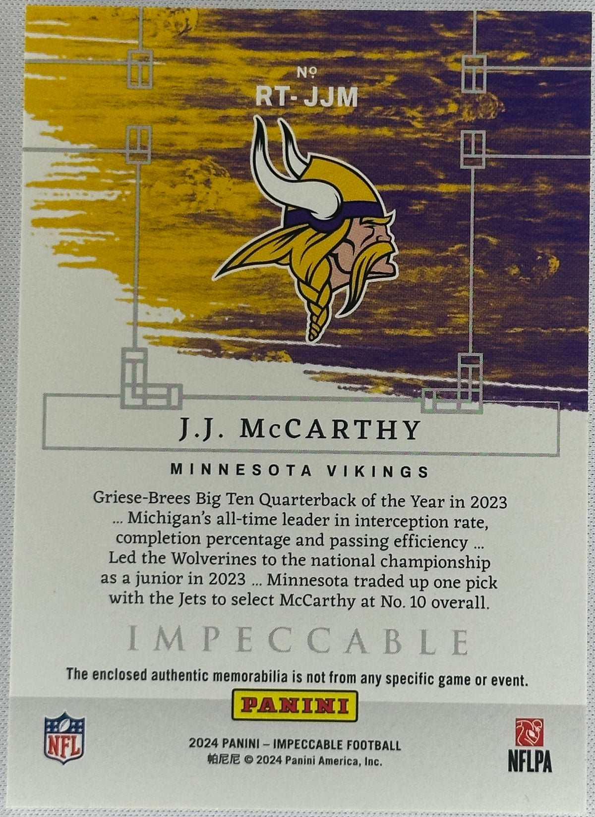 2024 Impeccable J.J. McCarthy Rookie Towels RC /25 #RT-JJM-2