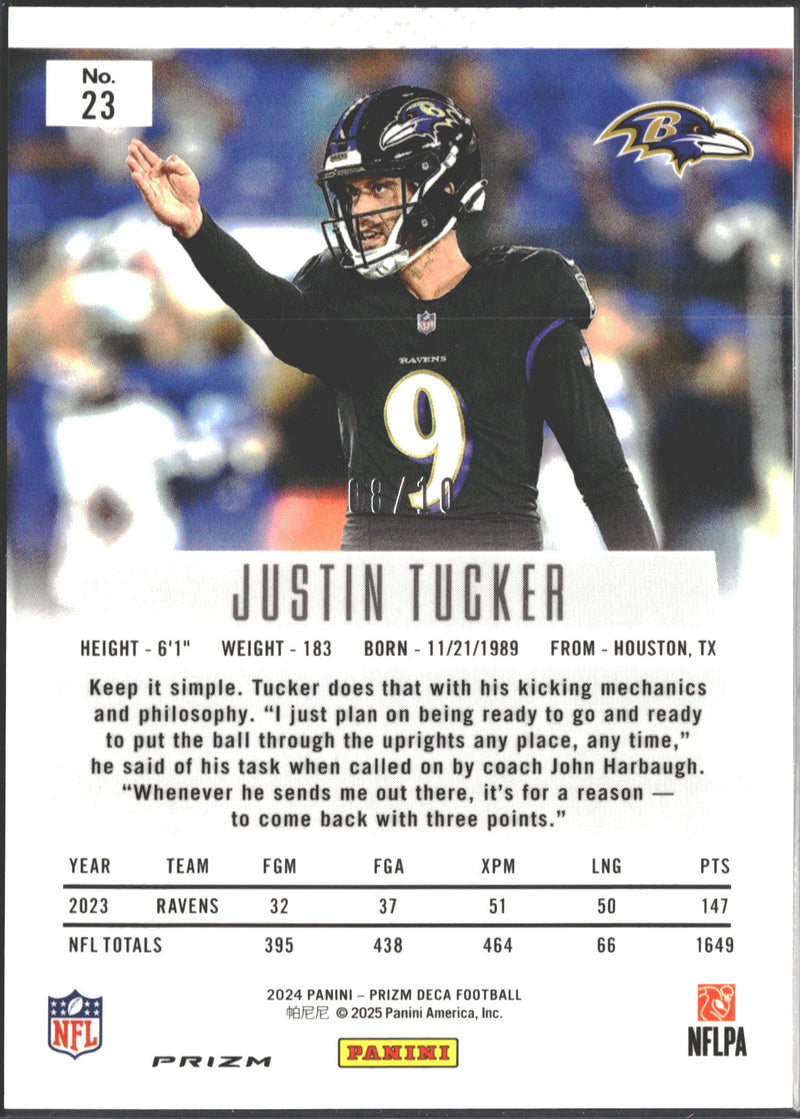 2024 Panini Prizm Deca Justin Tucker Gold Prizm #/10 #23-2