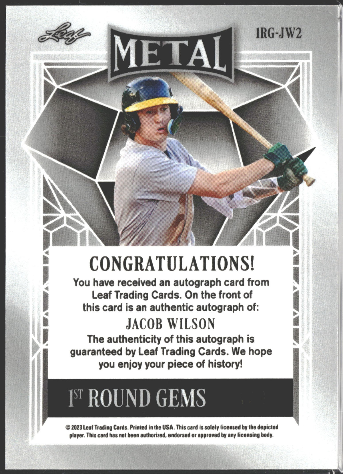 2023 Leaf Metal Jacob Wilson 1st Round Gems Wave Silver #/9 AU #1RG-JW2-2