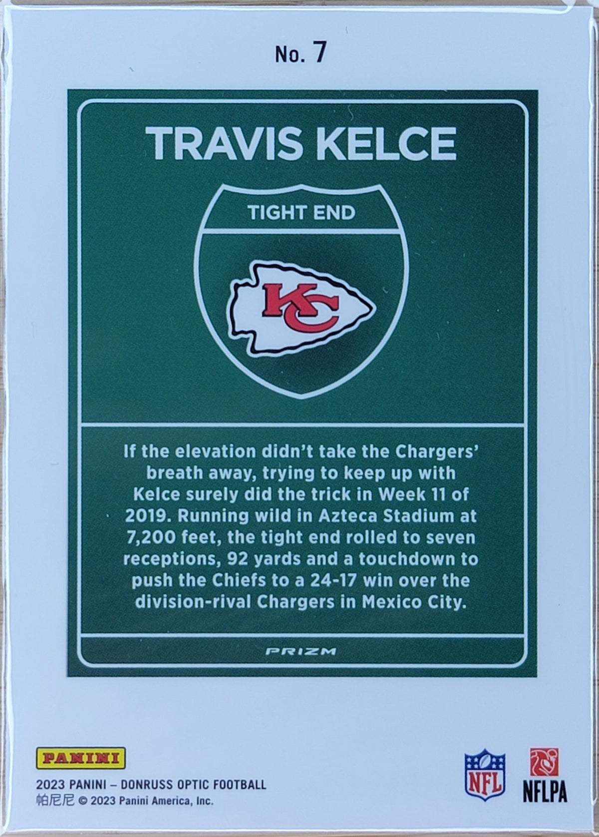 2023 Donruss Optic Travis Kelce Downtown International #7-2
