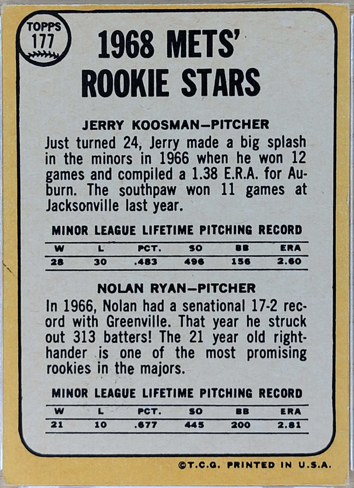 1968 Topps Mets 1968 Rookie Stars (Jerry Koosman / Nolan Ryan) RC #177-2