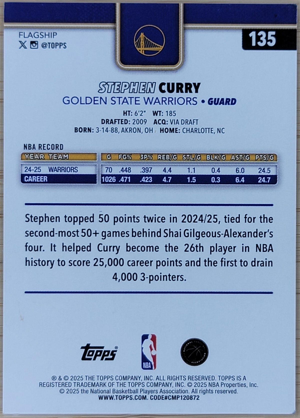 2025-26 Topps Stephen Curry Crackleboard Gold #/50 #135-2