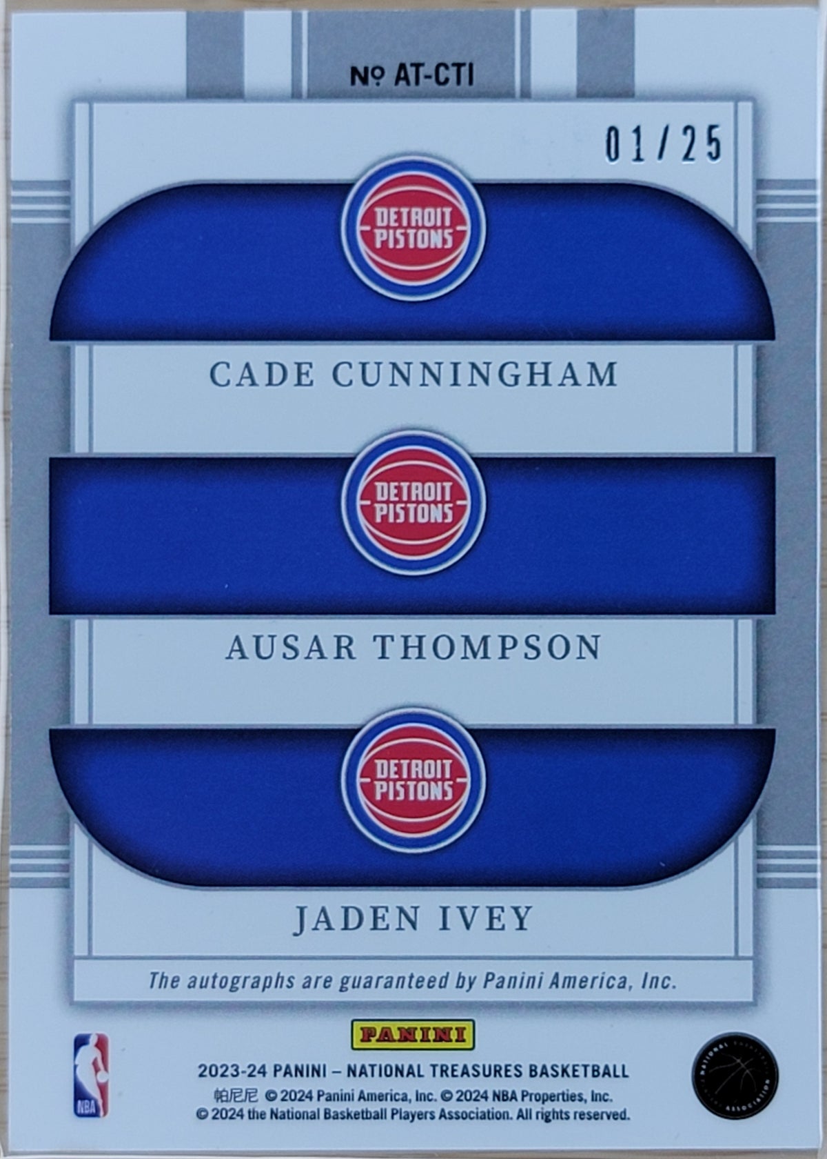 2023-24 Panini National Treasures Cade Cunningham / Ausar Thompson / Jaden Ivey Autographs Triple #/25 AU #AT-CTI-2