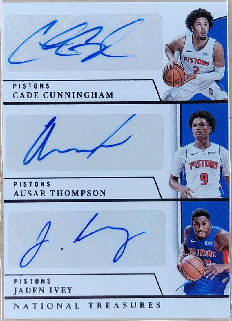 2023-24 Panini National Treasures Cade Cunningham / Ausar Thompson / Jaden Ivey Autographs Triple #/25 AU #AT-CTI-1