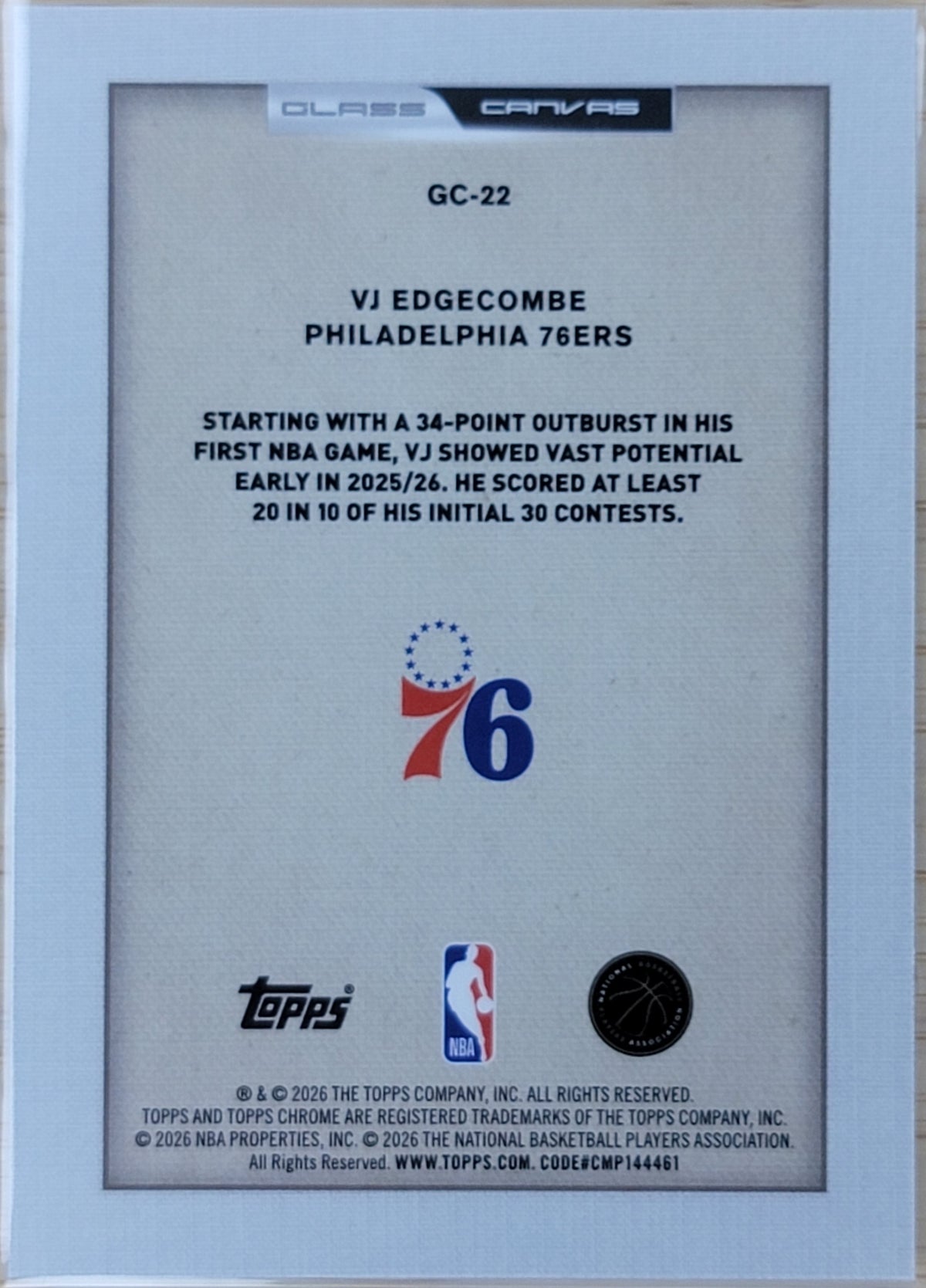 2025-26 Topps Chrome Update VJ Edgecombe Glass Canvas #GC-22-2