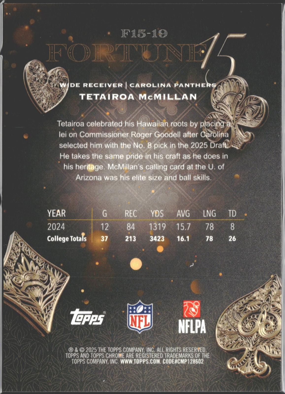 2025 Topps Chrome Tetairoa McMillan Fortune 15 Gold Refractor #/50 #F15-19-2