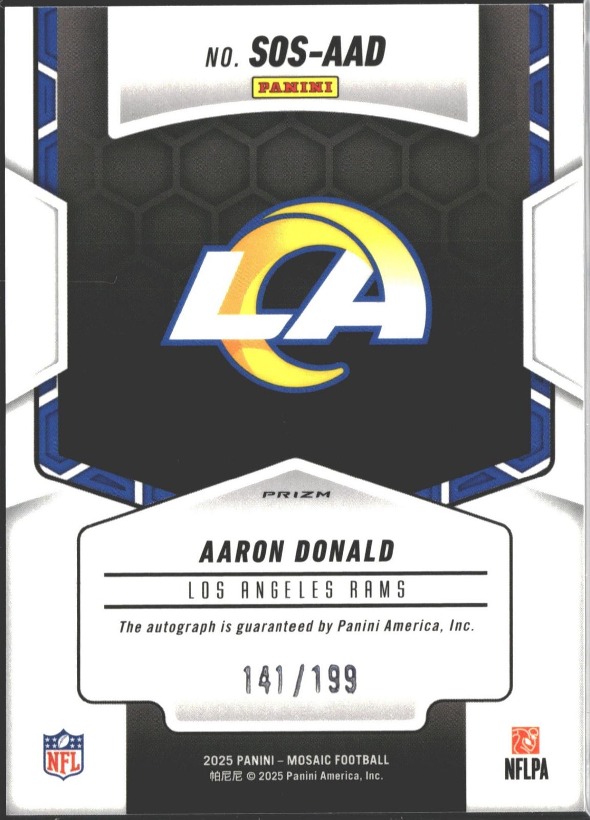 2025 Panini Mosaic Aaron Donald Showtime Signatures Red #/199 AU #SOS-AAD-2