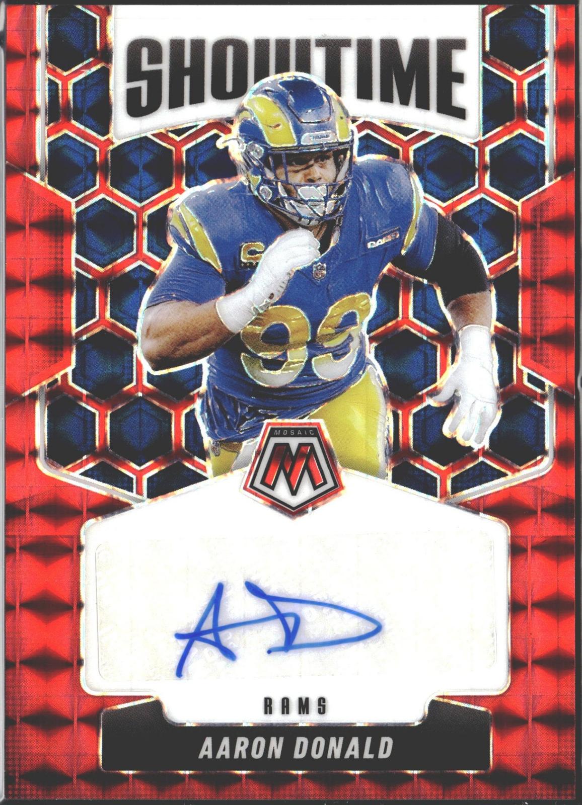 2025 Panini Mosaic Aaron Donald Showtime Signatures Red #/199 AU #SOS-AAD-1