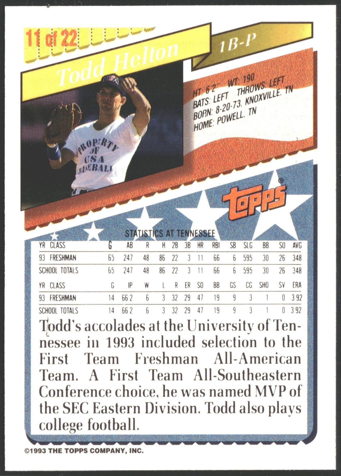 1993 Topps Bazooka Team USA Todd Helton #11-2