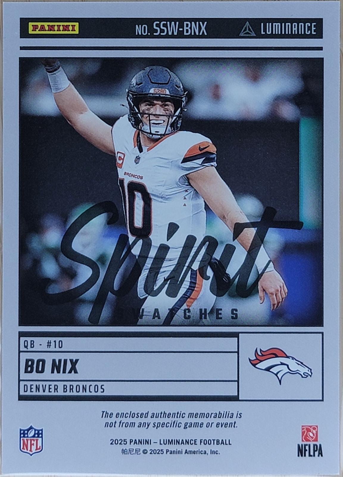 2025 Panini Luminance Bo Nix Spirit Swatches Gold #/50 #SSW-BNX