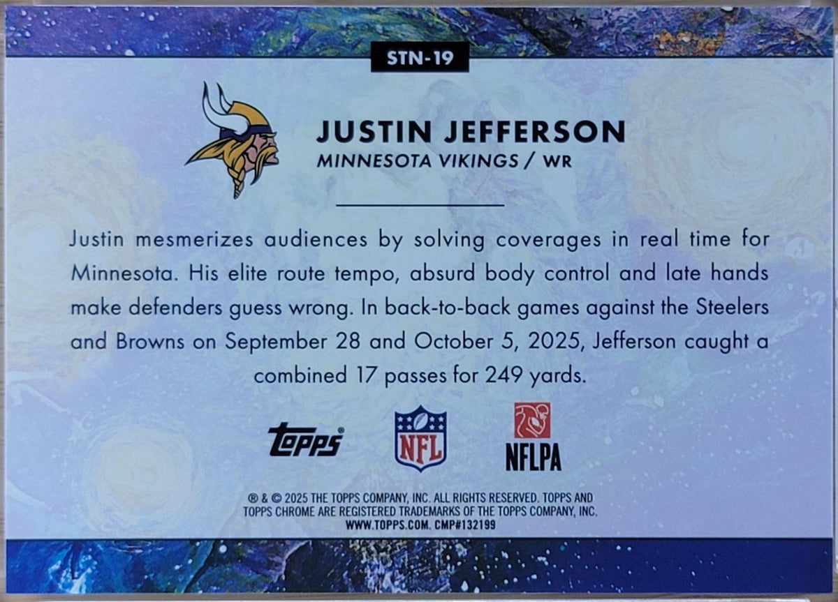 2025 Topps Chrome Cosmic Justin Jefferson Stars in the Night Gold Interstellar Refractor #/50 #STN-19-2