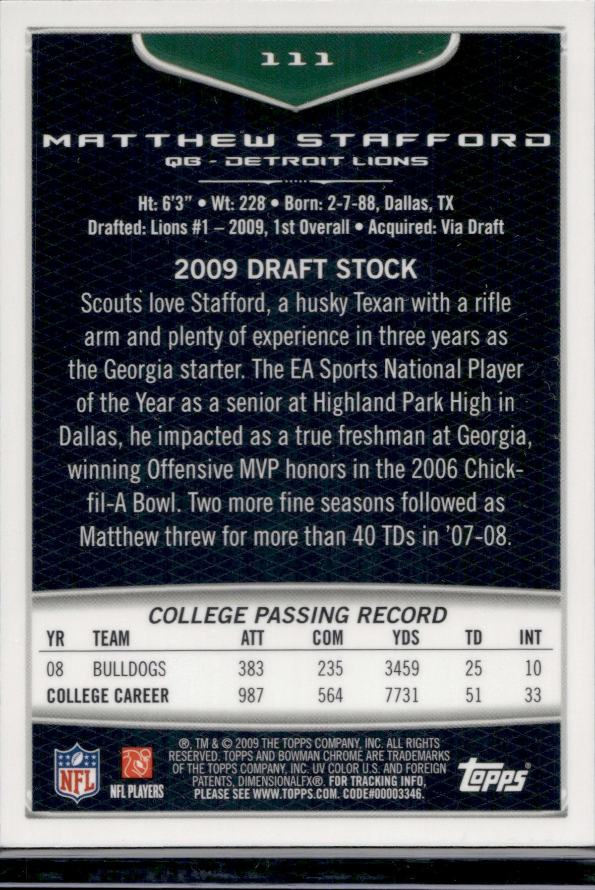 2009 Bowman Chrome Matthew Stafford #111