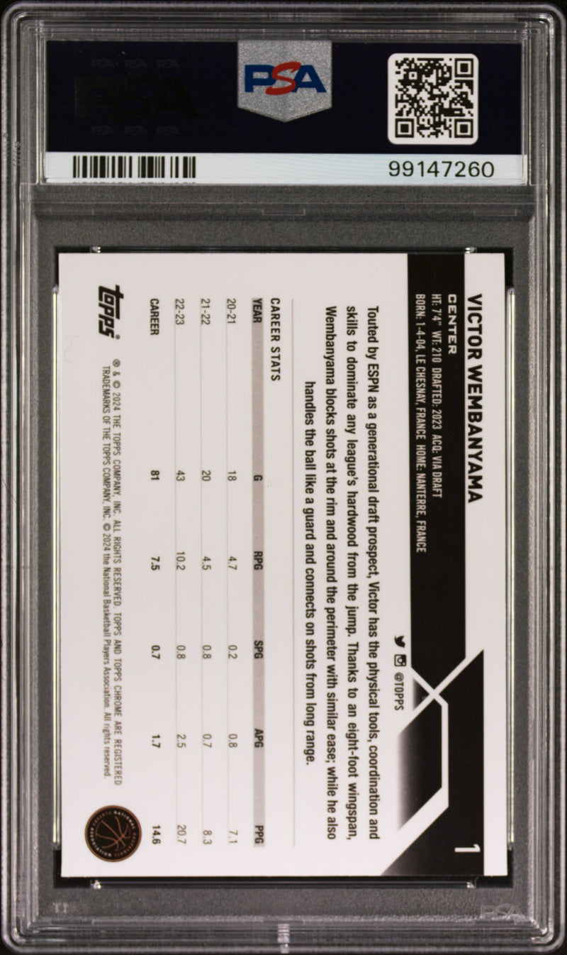 2023 Topps Chrome Victor Wembanyama 1 Blue Basketball Refractor PSA 9-2