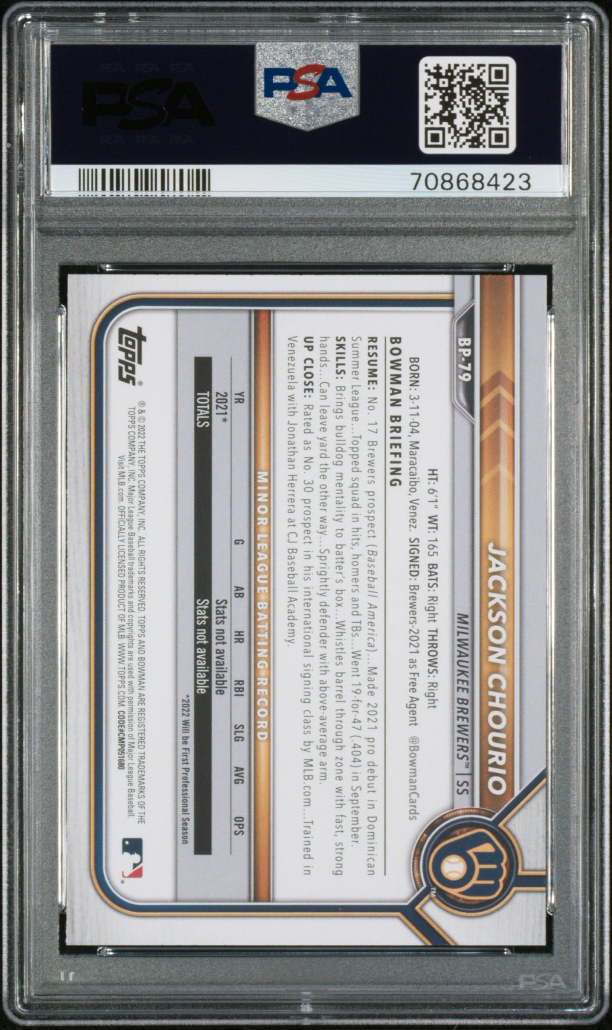 2022 Bowman Jackson Chourio Paper Prospects PSA 10 #BP79