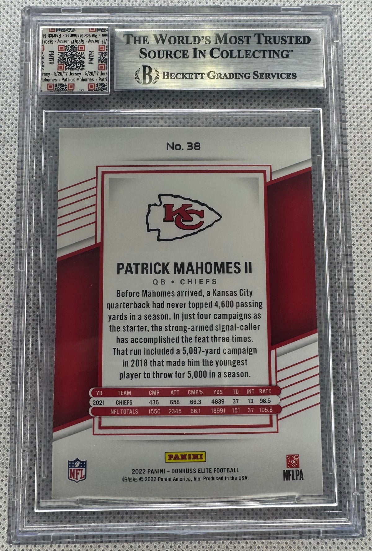 2022 Elite Patrick Mahomes 38￼ Jersey Fusion Beckett Authentic Collection Worn Jersey Swatch-2