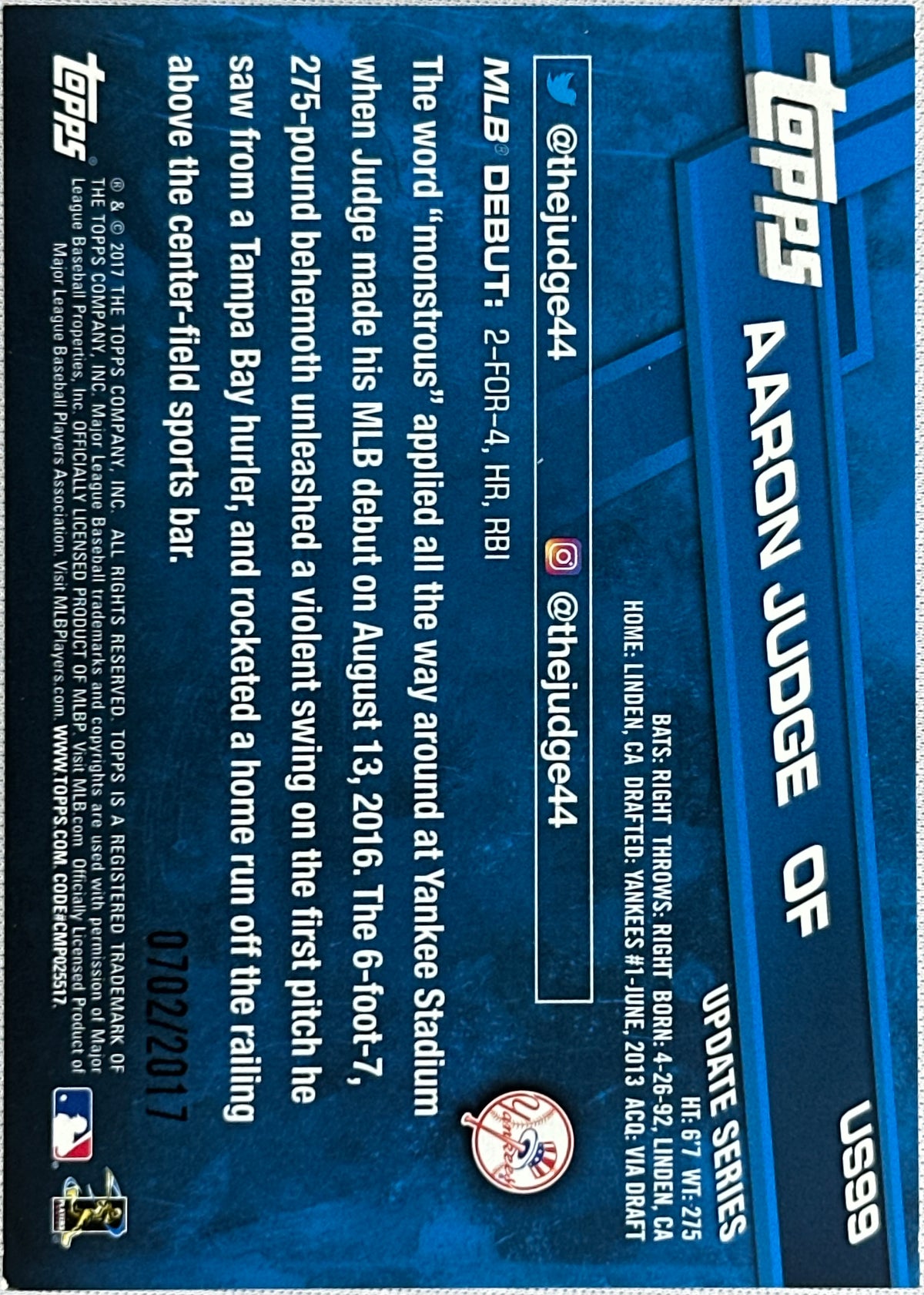 2017 Topps Aaron Judge Rookie RC /2017 #US99-2