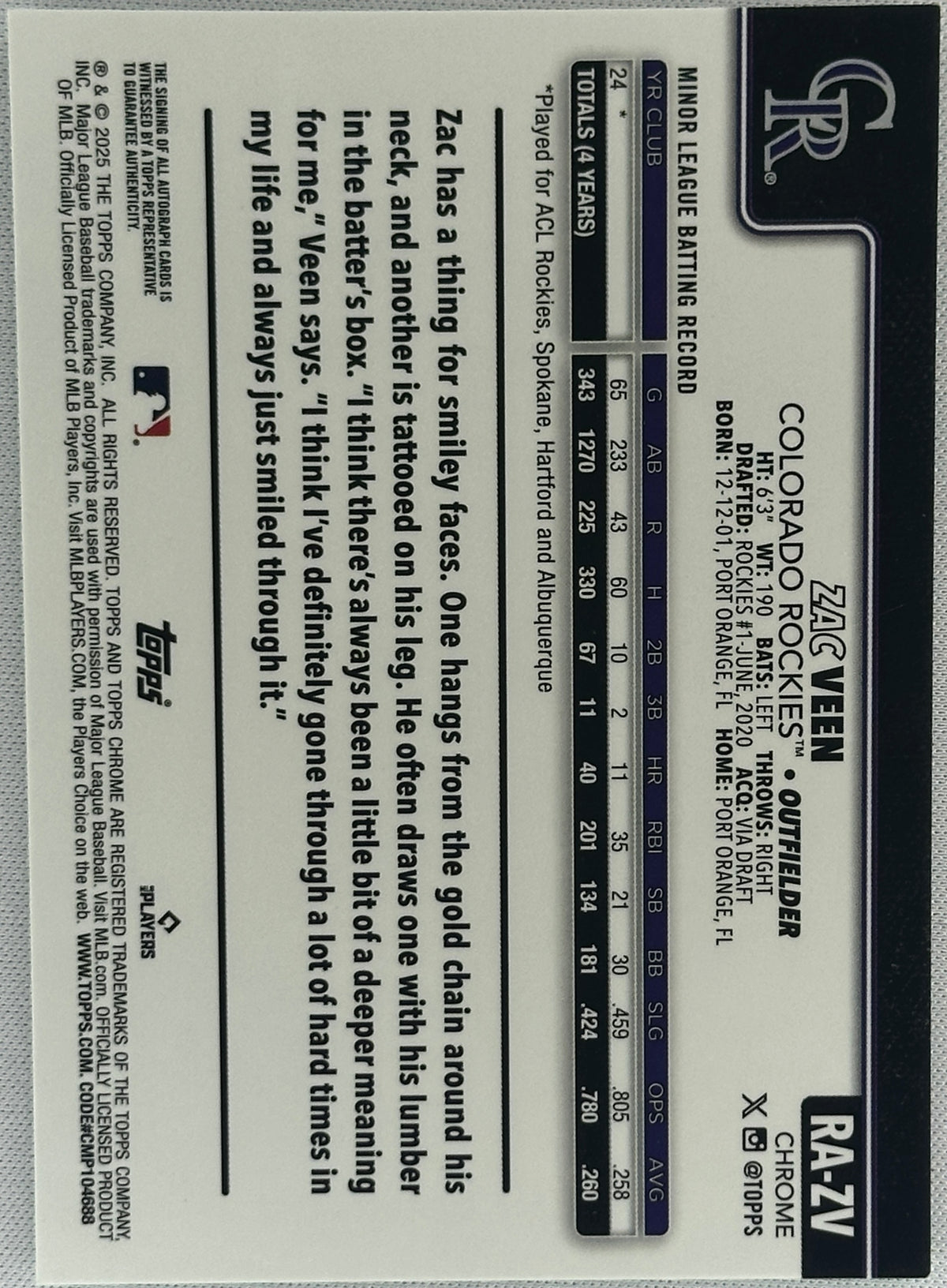 2025 Topps Chrome Zac Veen Rookie RC Auto /99 #RA-ZV