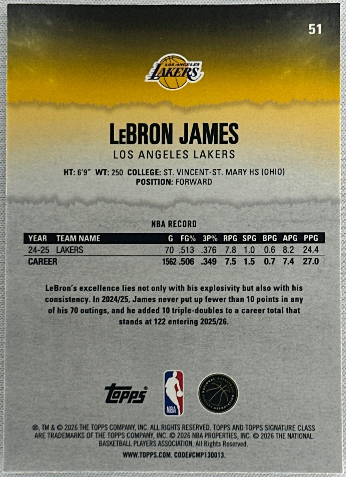 2026 Topps Signature Class LeBron James Pandora Refractor #51