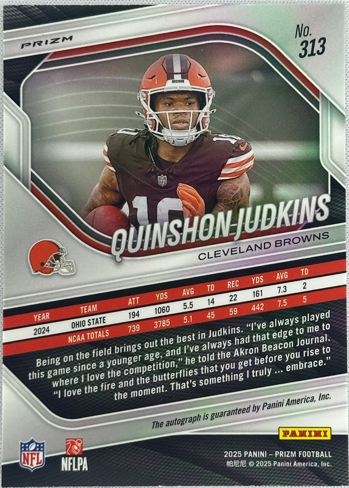 2025 Prizm Quinshon Judkins Rookie RC Auto #313
