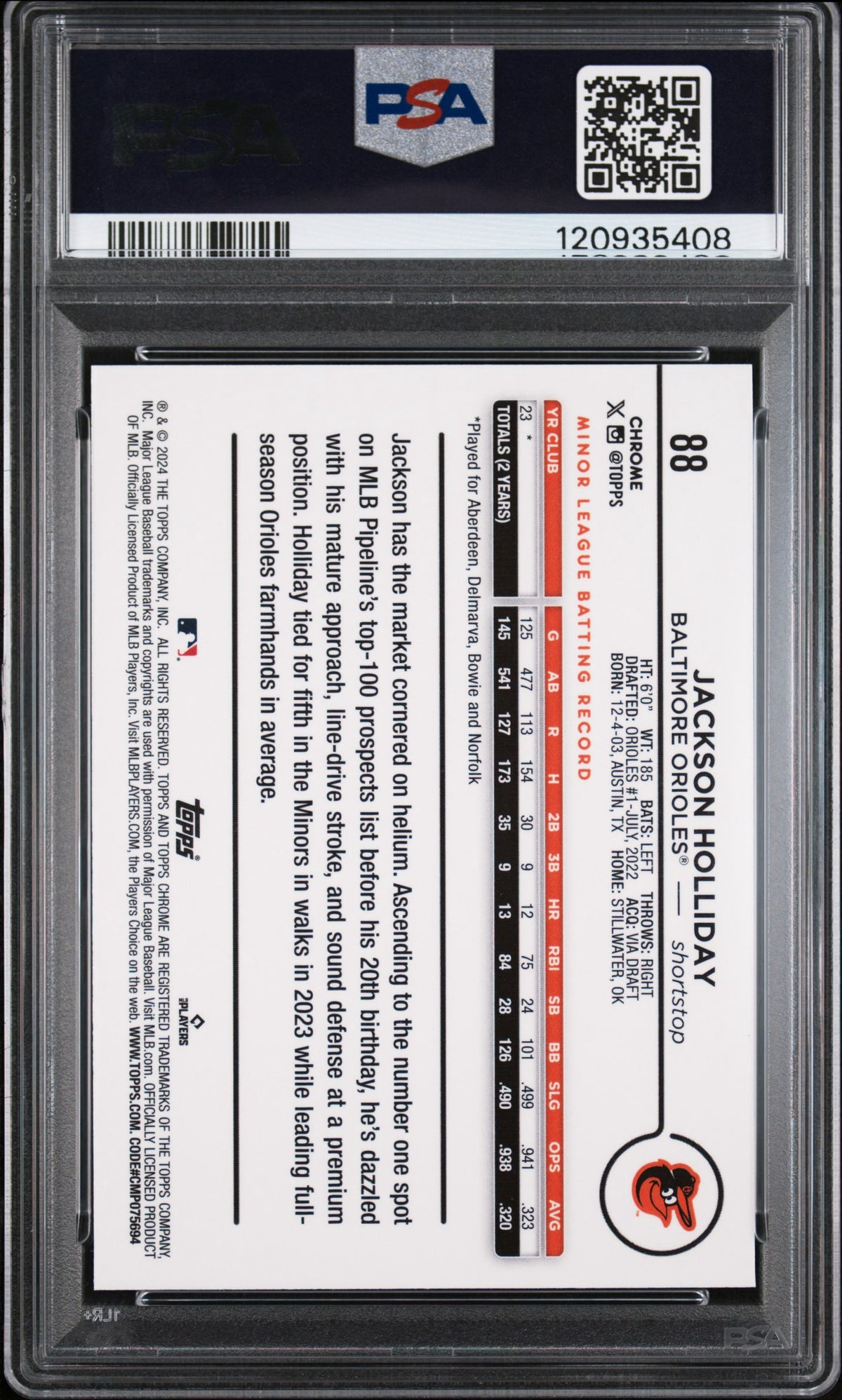 2024 Topps Chrome Jackson Holliday Blue Wave /75 PSA 9 #88