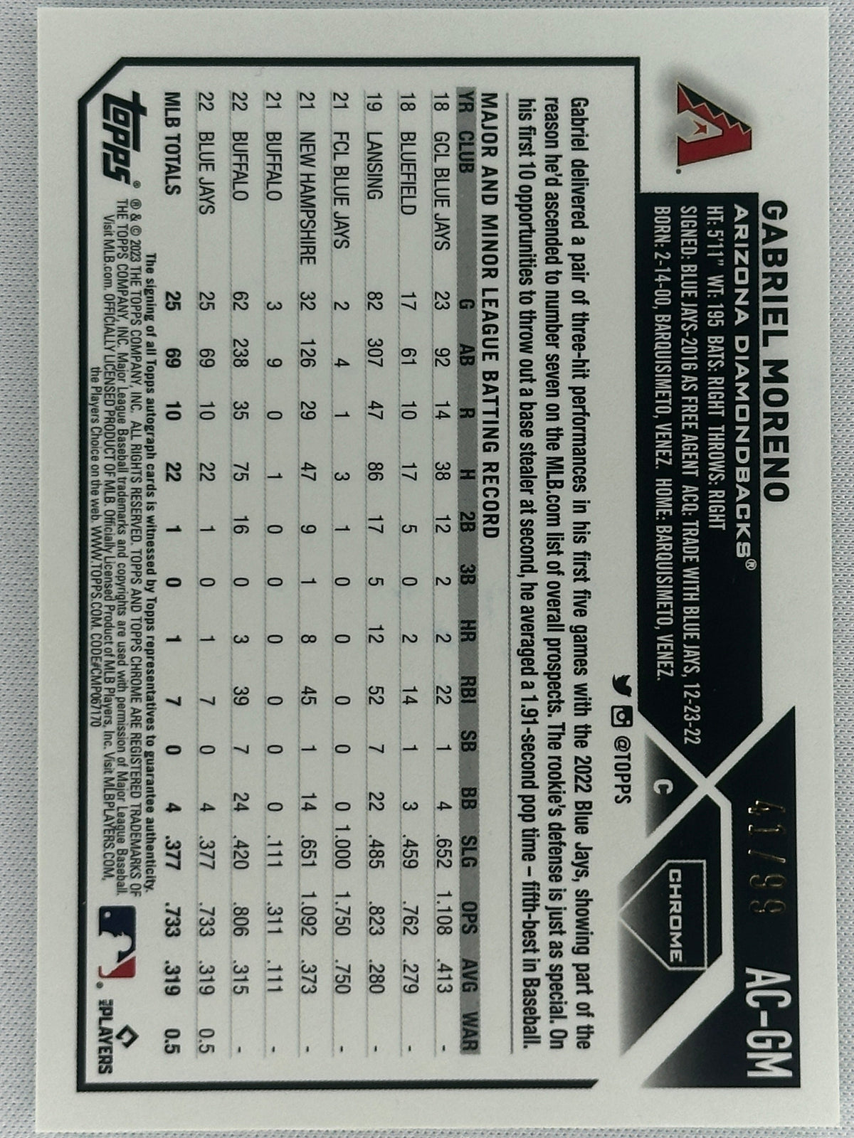2023 Topps Chrome Gabriel Moreno Rookie RC Auto /99 #AC-GM
