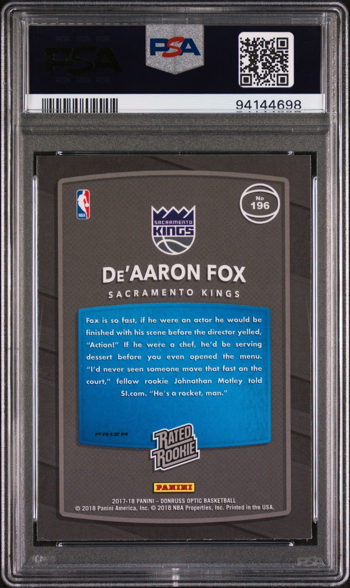 2017 Donruss Optic De’aaron fox holo PSA 10