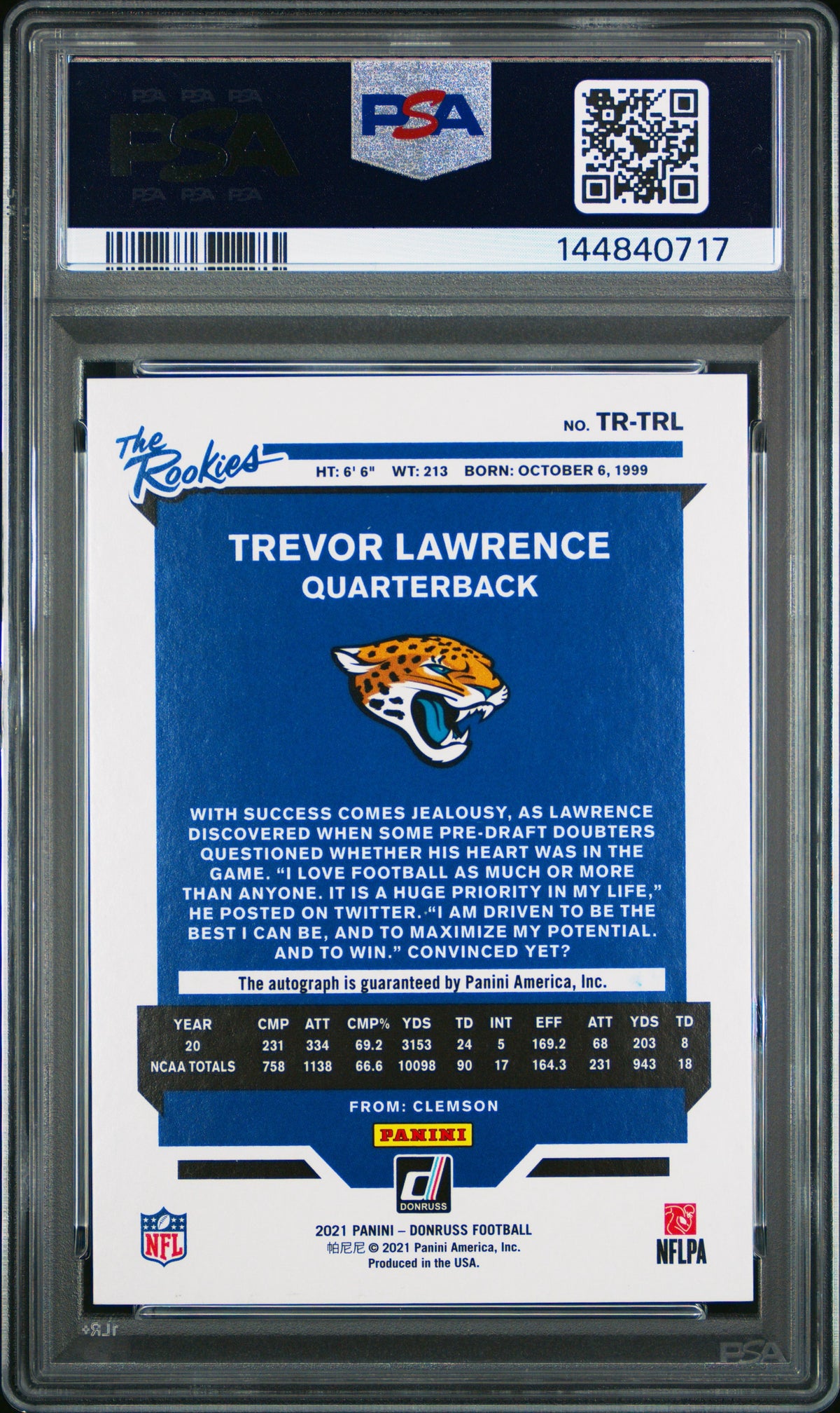 2021 Donruss Trevor Lawrence The Rookies Autograph PSA 9 /299-2