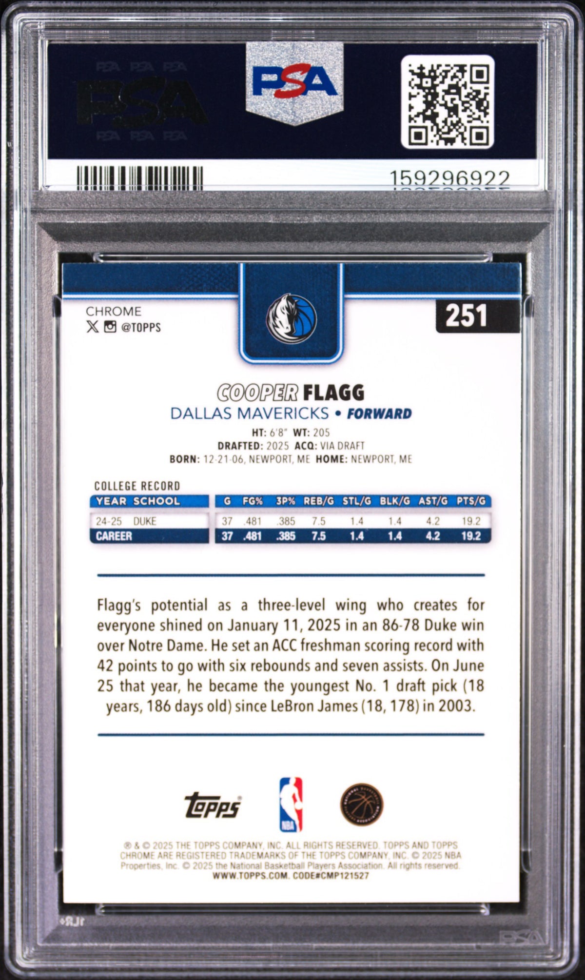 2025 Topps chrome Cooper Flagg 251 PSA 9-2