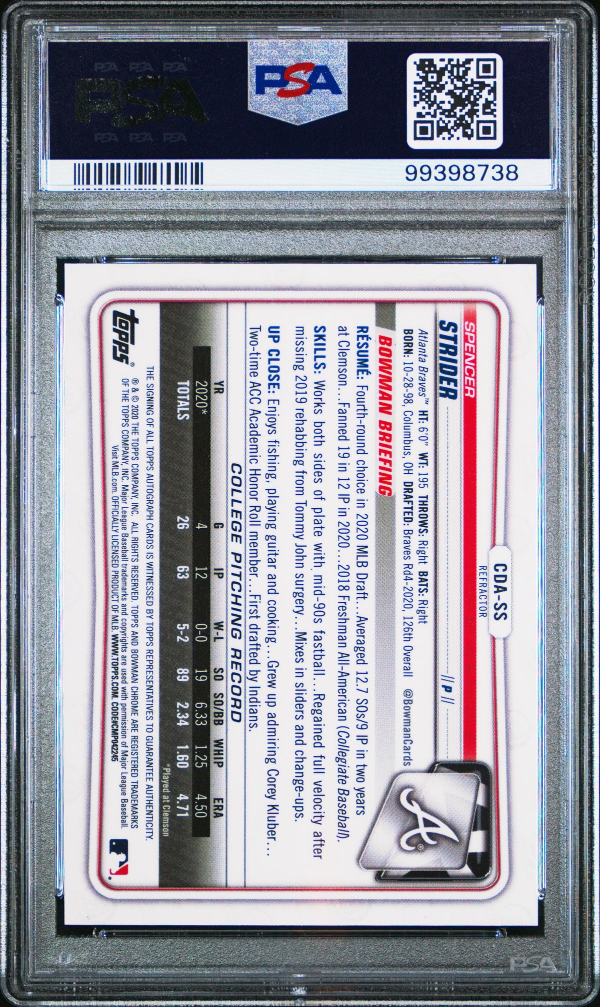 2020 Bowman Draft Spencer Strider Refractor Auto /499 CDA-SS PSA 9