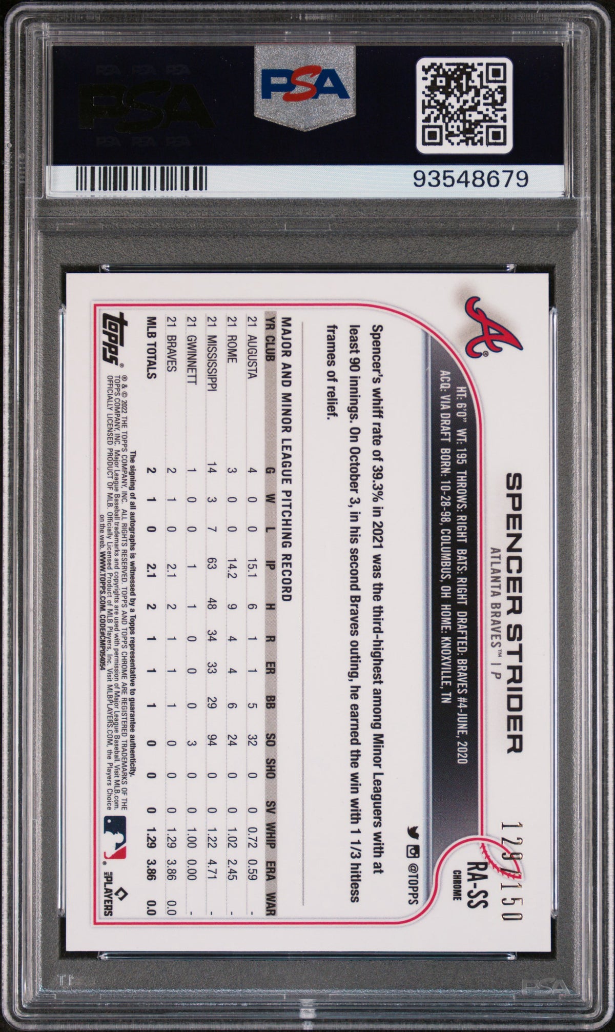 2022 Topps chrome Spencer Strider Blue Refractor /150 Auto RA-SS PSA 9