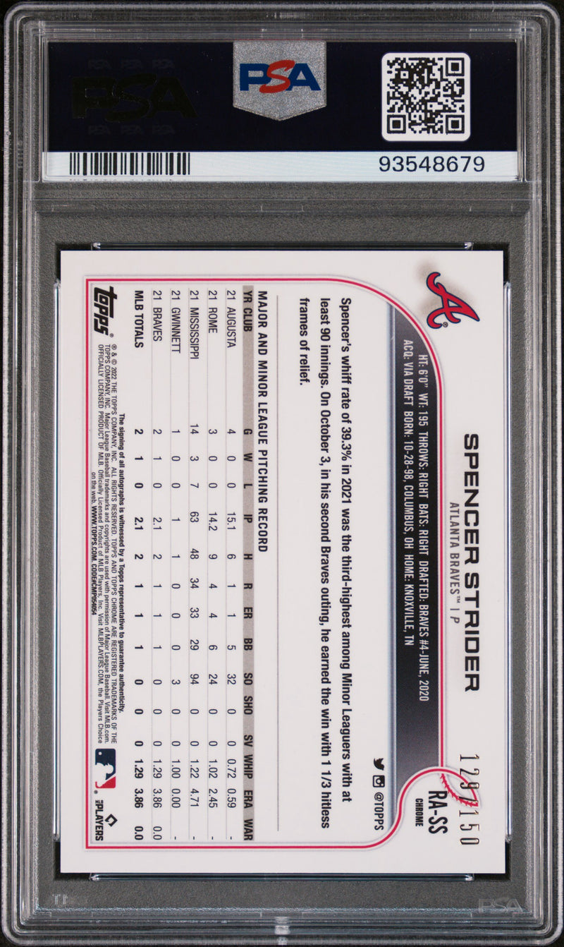 2022 Topps chrome Spencer Strider Blue Refractor /150 Auto RA-SS PSA 9-2