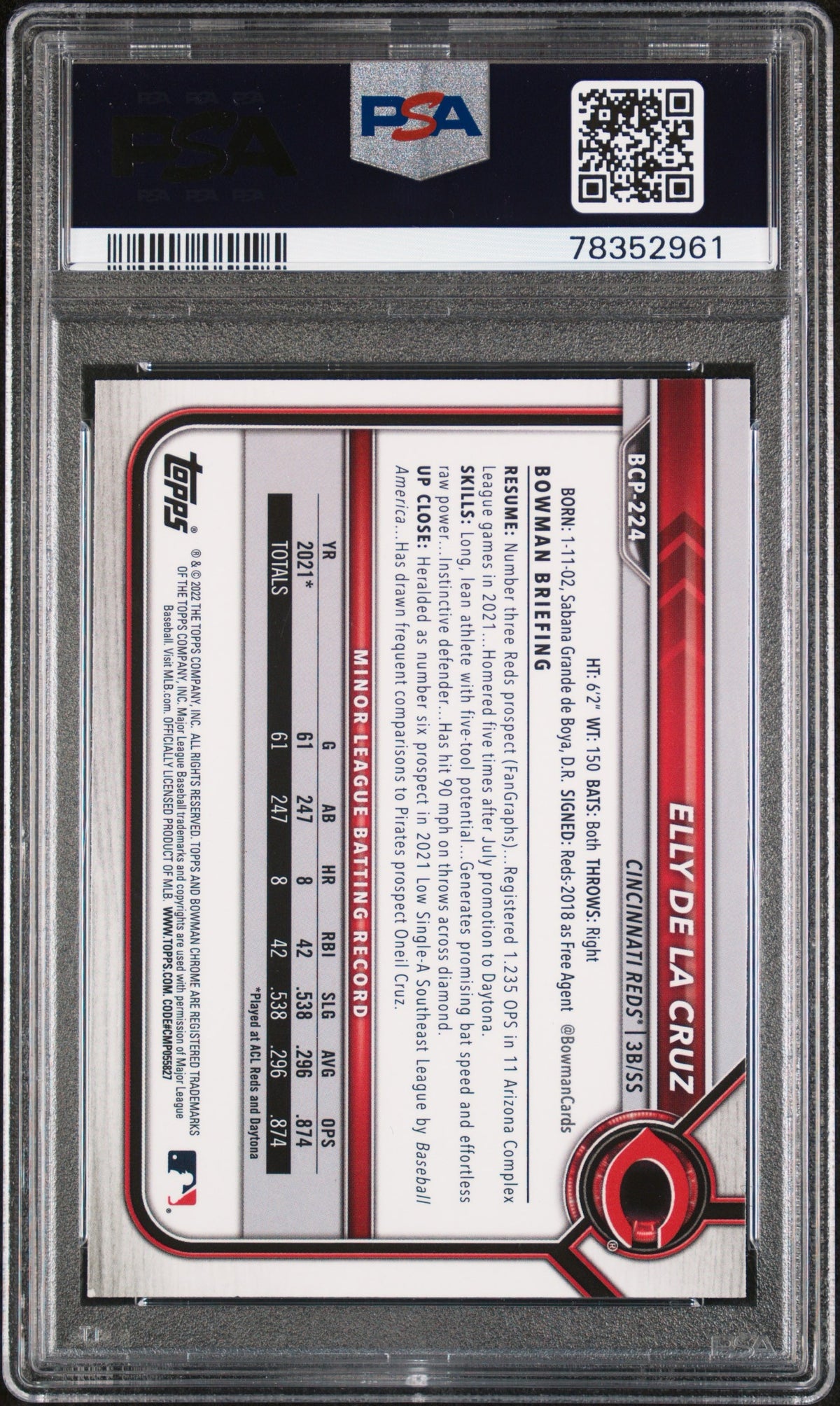 2022 BOWMAN CHROME PROSPECTS #BCP224 ELLY DE LA CRUZ PROSPECTS PSA 10-2