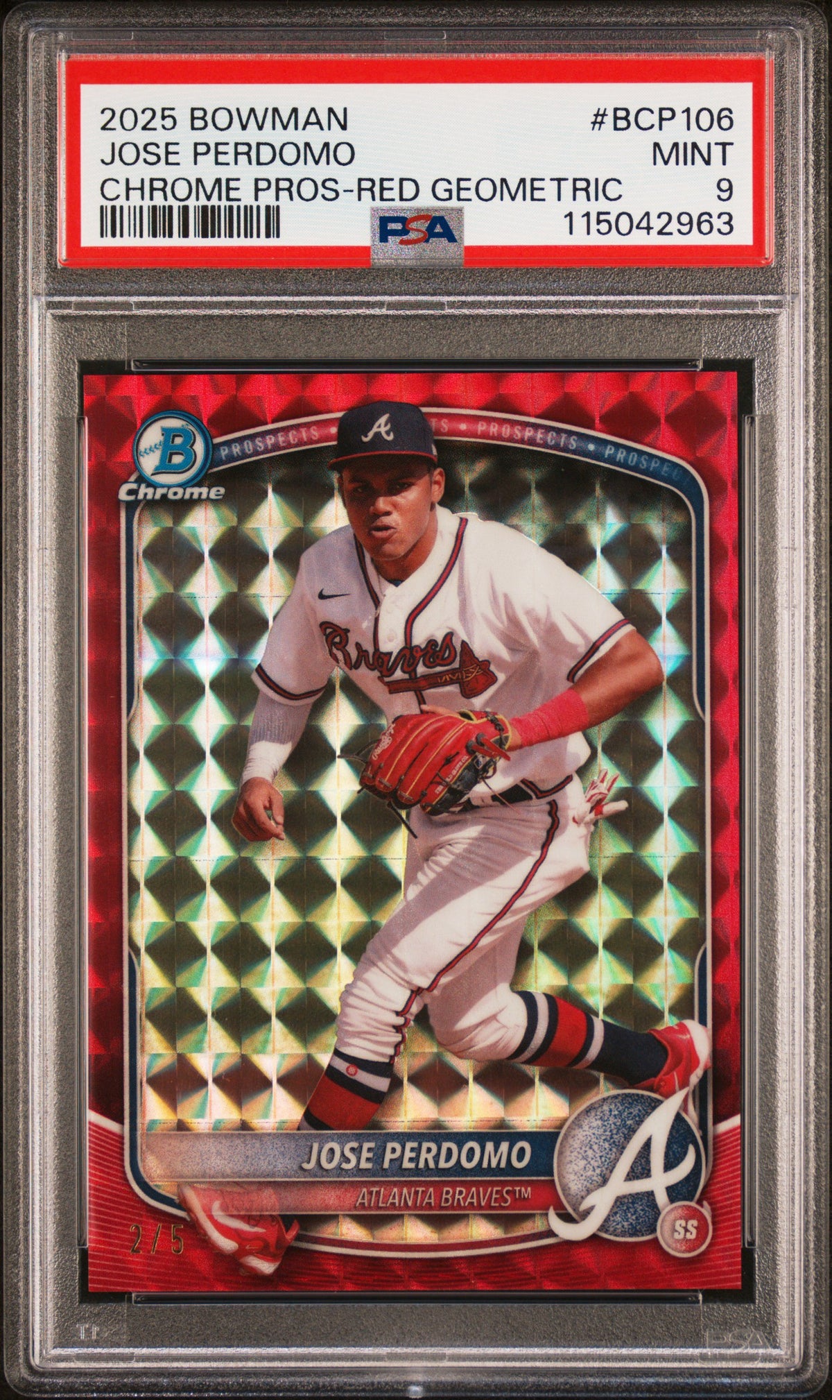 2025 BOWMAN CHROME PROSPECTS #BCP106 JOSE PERDOMO RED GEOMETRIC /5 PSA 9