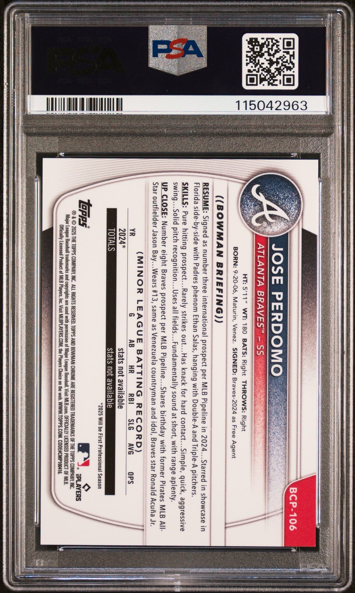 2025 BOWMAN CHROME PROSPECTS #BCP106 JOSE PERDOMO RED GEOMETRIC /5 PSA 9