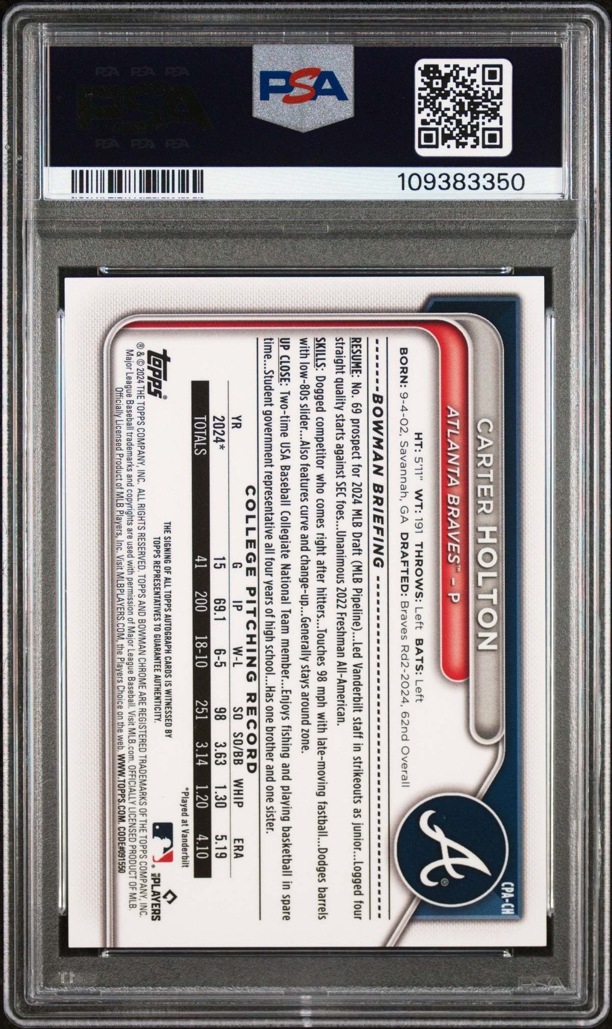 2024 BOWMAN DRAFT CHROME #CPACH CARTER HOLTON AUTO BLUE /150 PSA 9