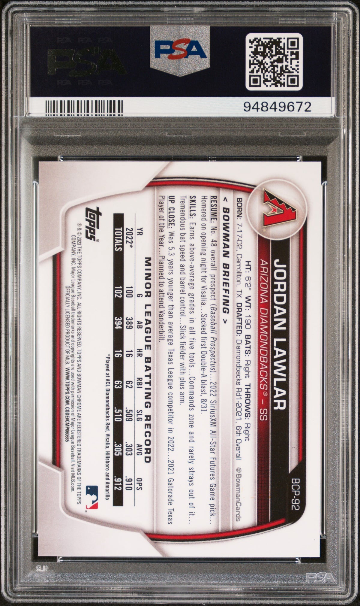 2023 BOWMAN CHROME PROSPECTS #BCP92 JORDAN LAWLAR GOLD SHIMMER /50 PSA 10