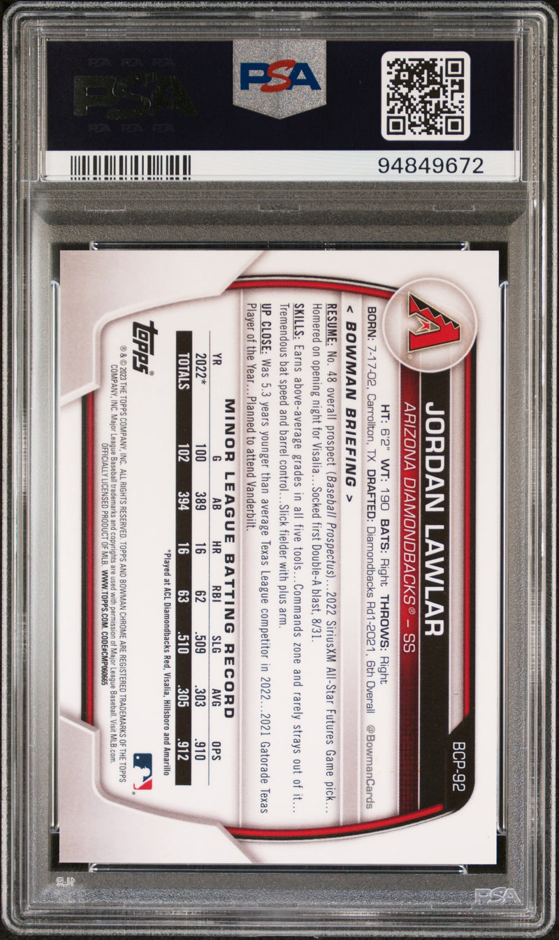 2023 BOWMAN CHROME PROSPECTS #BCP92 JORDAN LAWLAR GOLD SHIMMER /50 PSA 10-2