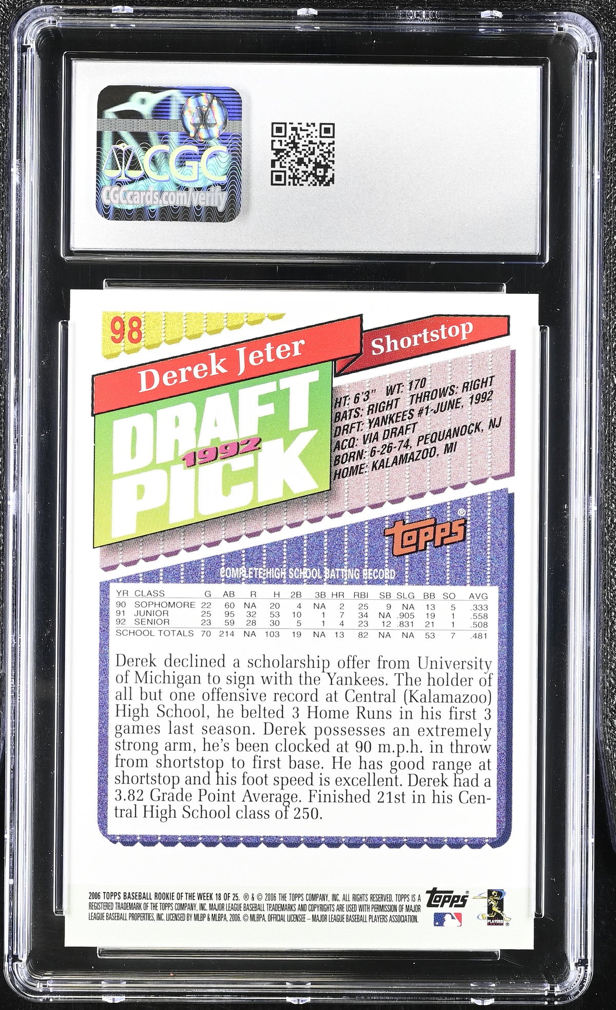 2006 Topps Rookie Of The Week Derek Jeter #98 CGC 10-2