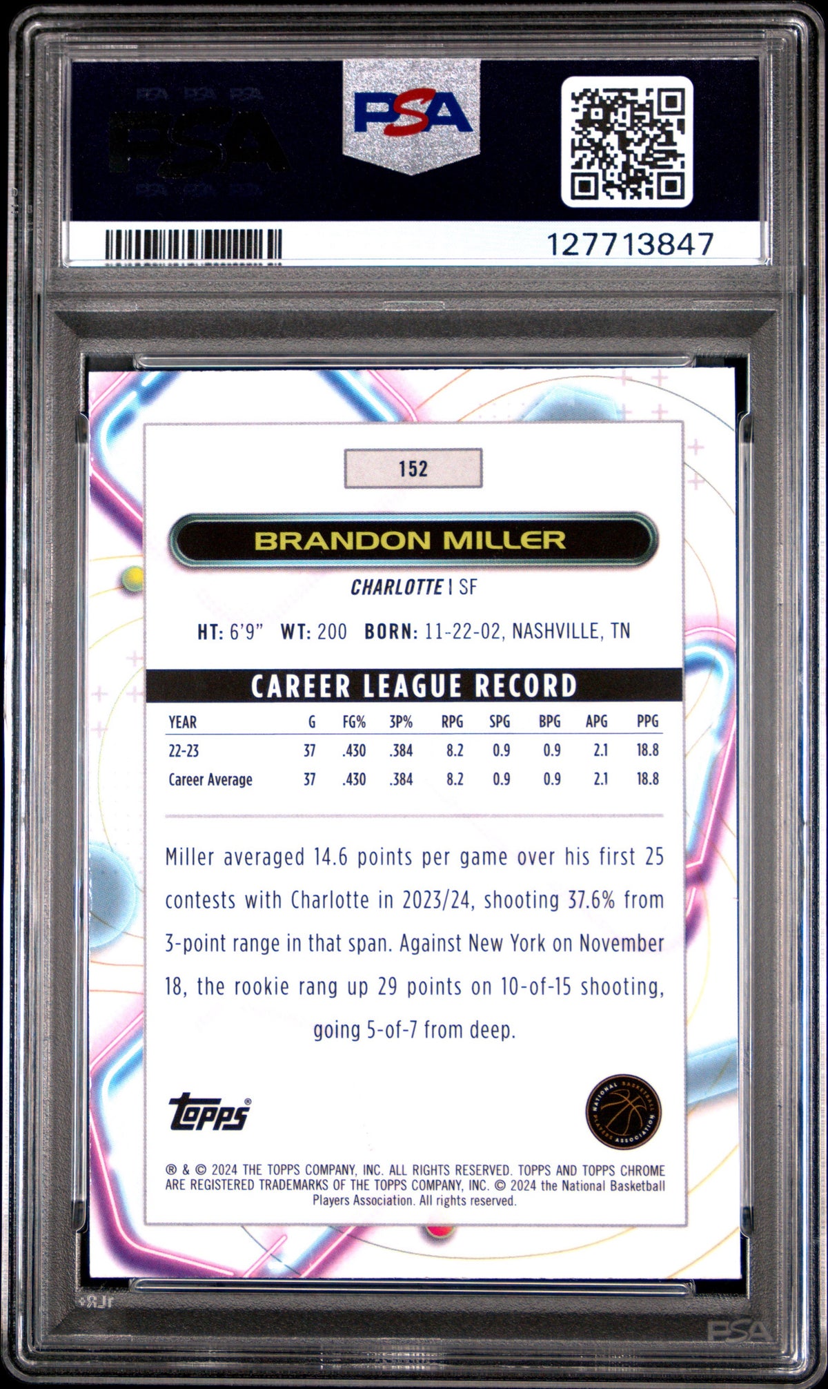 2023 Cosmic Chrome Brandon Miller PSA 10