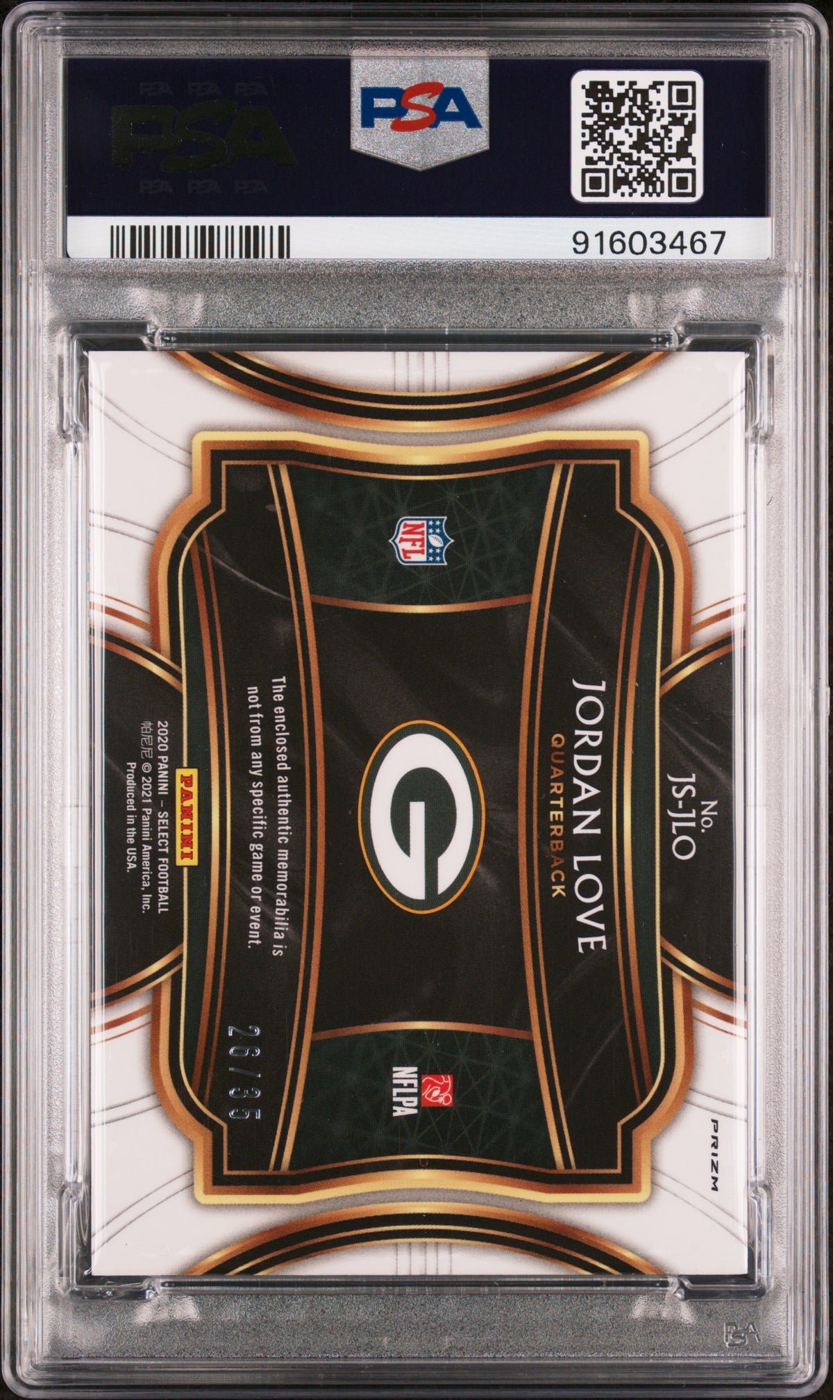 2020 Panini Select Jordan Love RC JS-JLO White /35 Mint 9 Auto 10 PSA