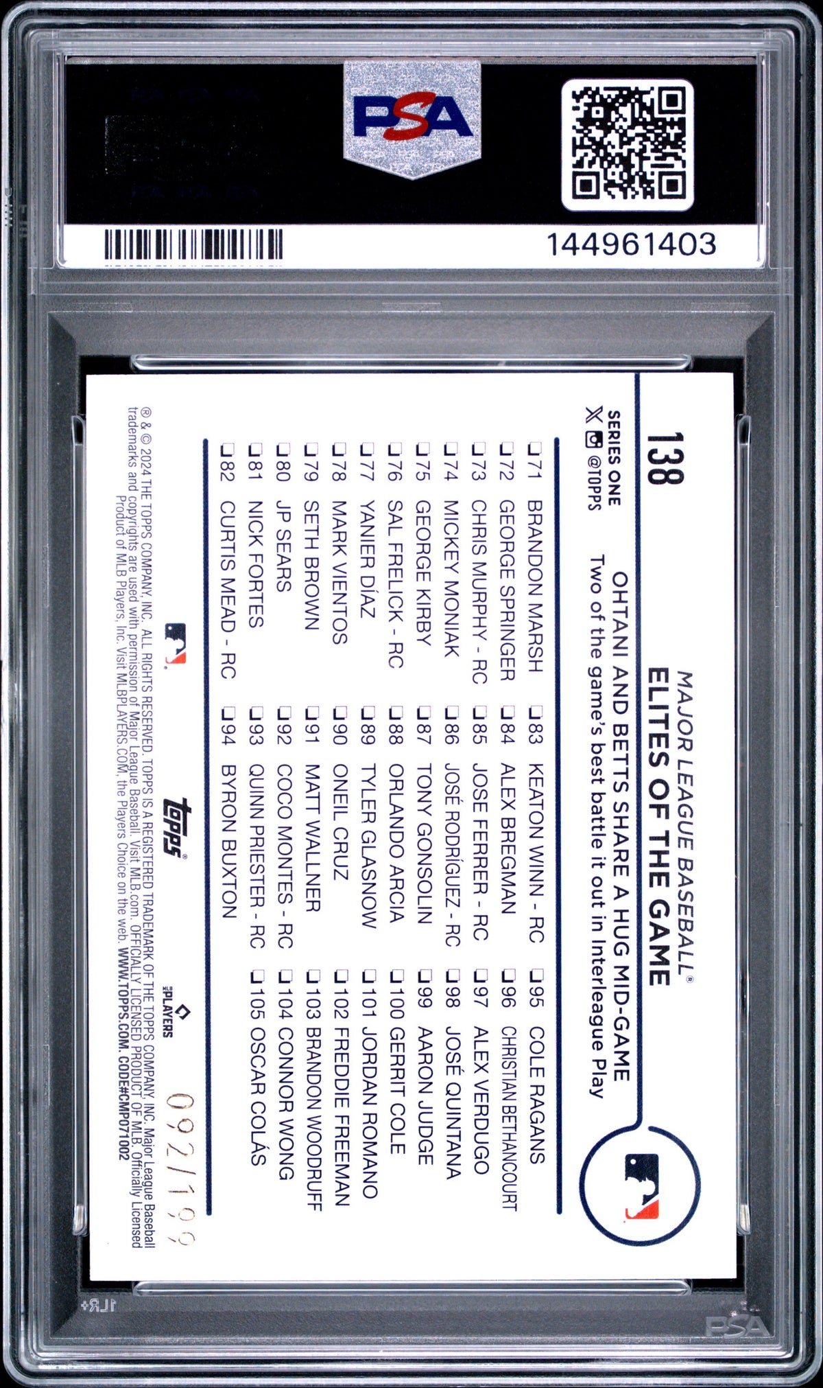 2024 TOPPS #138 OHTANI/BETTS RED CRACKLE FOIL BOARD /299 PSA 9-2