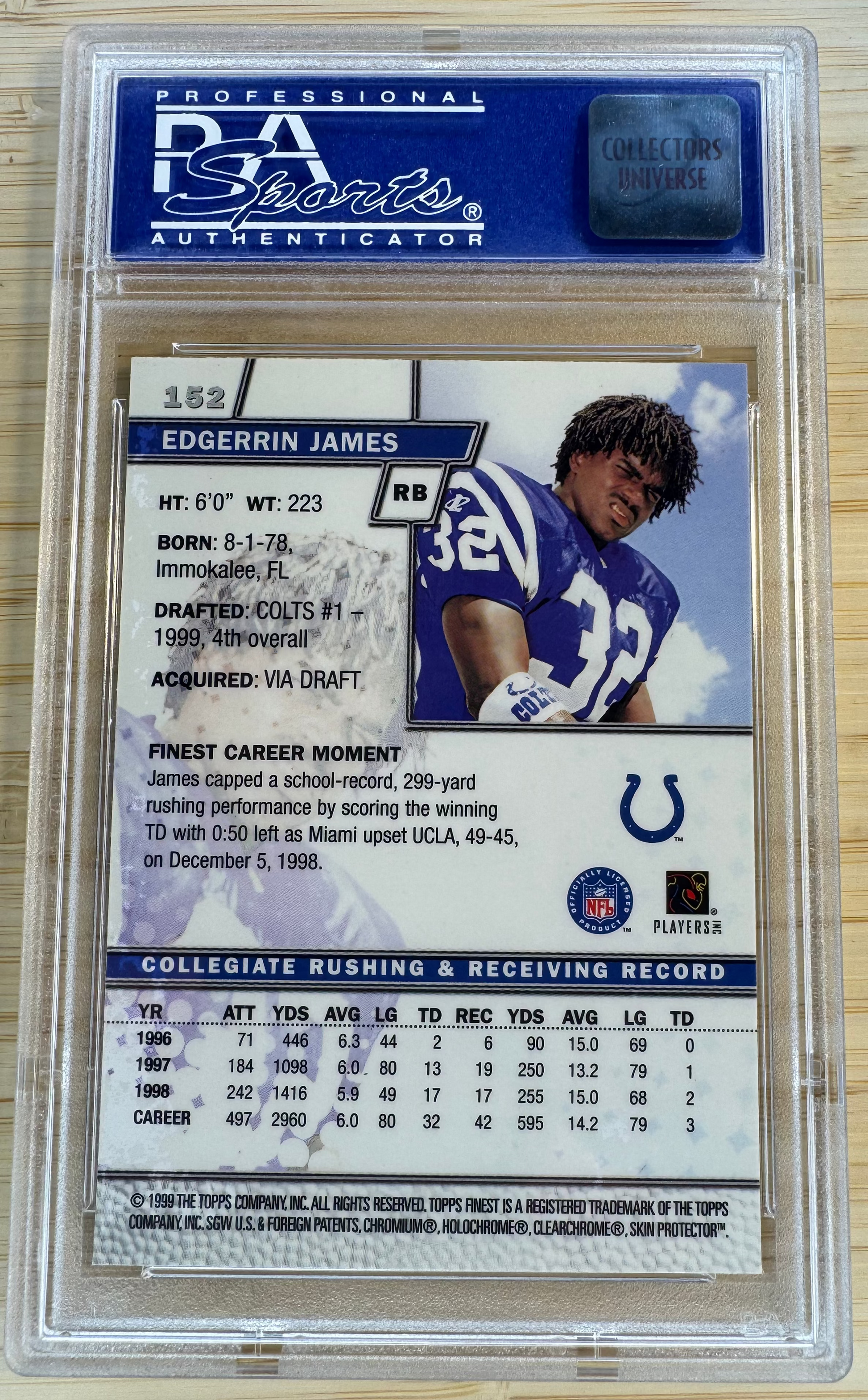 1999 Finest Edgerrin James RC W/Coating 152 PSA 9-2