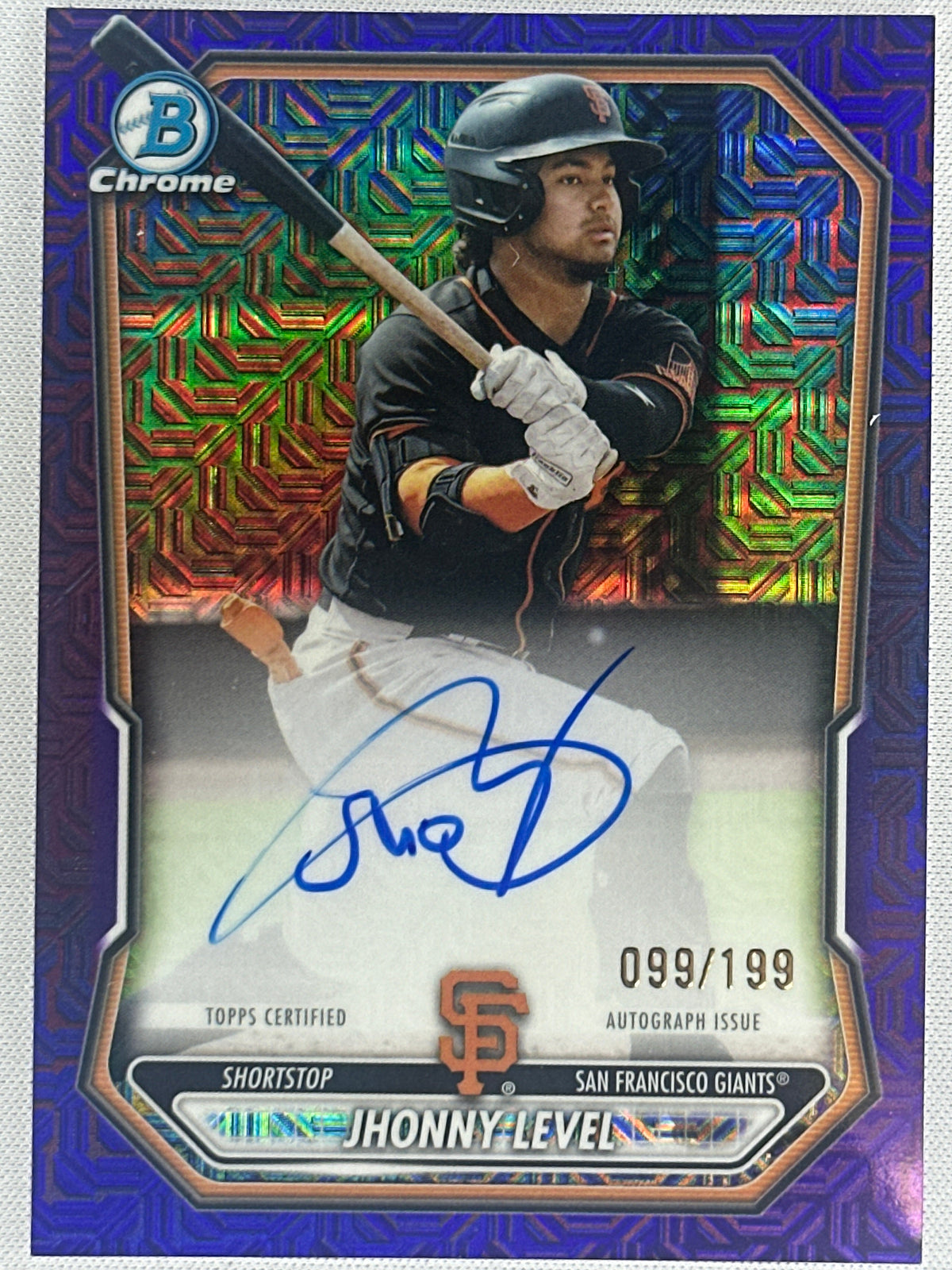 2026 Topps Bowman Chrome Jhonny Level Purple Mojo Auto /199 #BMA-JLE-1