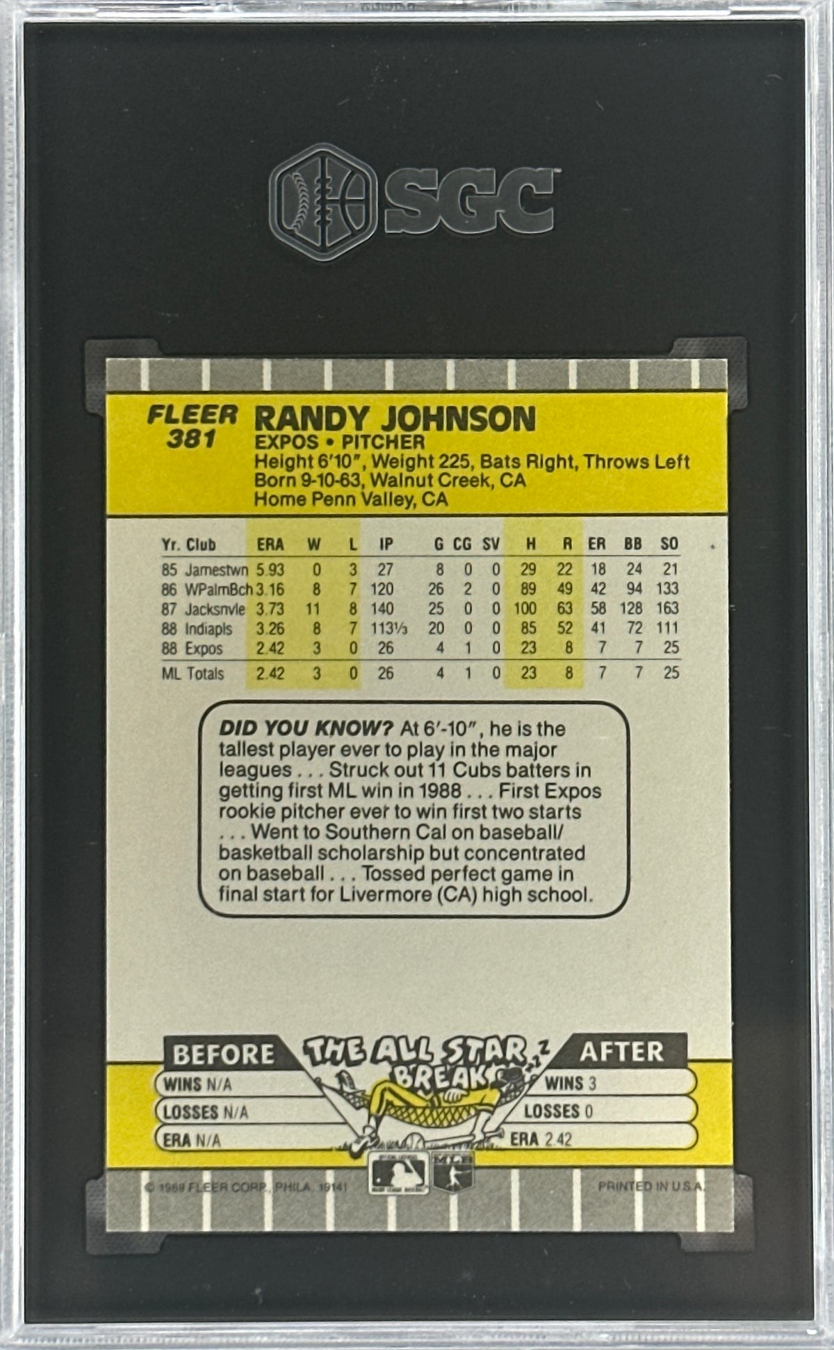 1989 Fleer Randy Johnson Marlboro AD SGC 9 #381