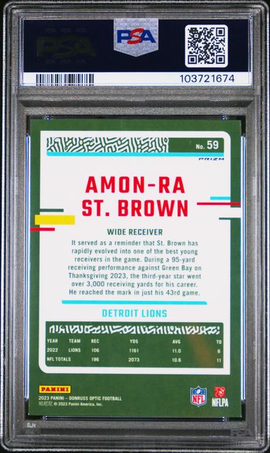 2023 Optic Amon-Ra St. Brown White Sparkle #59 PSA Mint 9-2