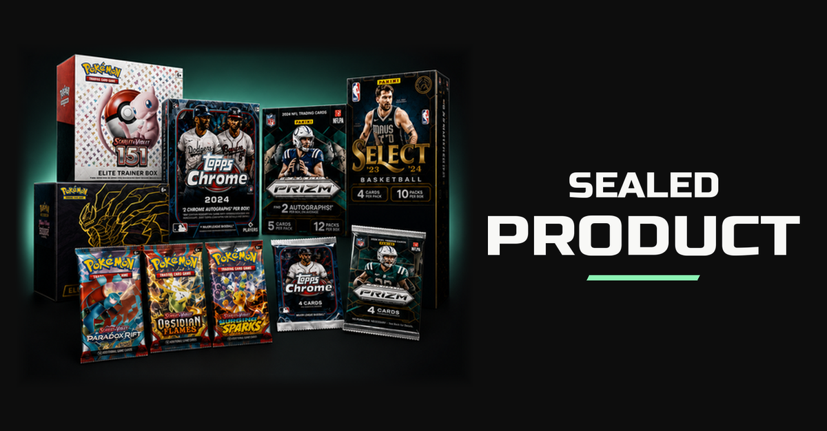 Sealed sports and Pokémon products with matching SEALED PRODUCT lettering
